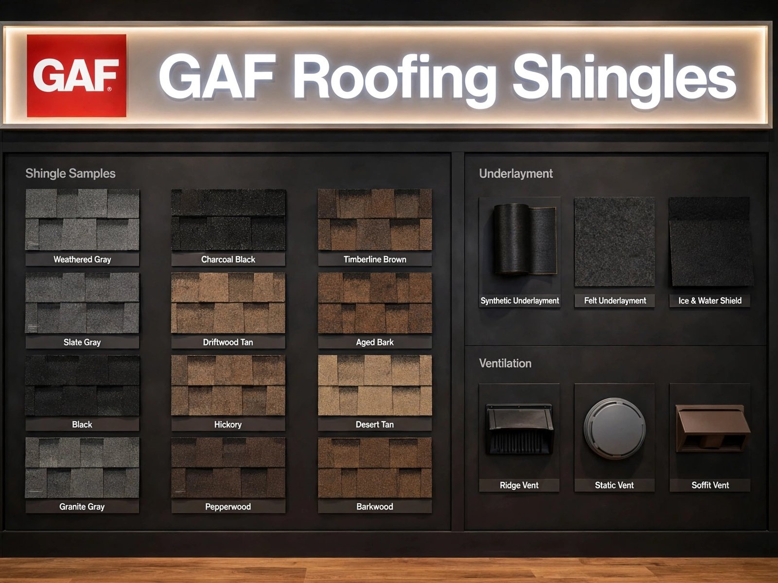 GAF shingle samples on display