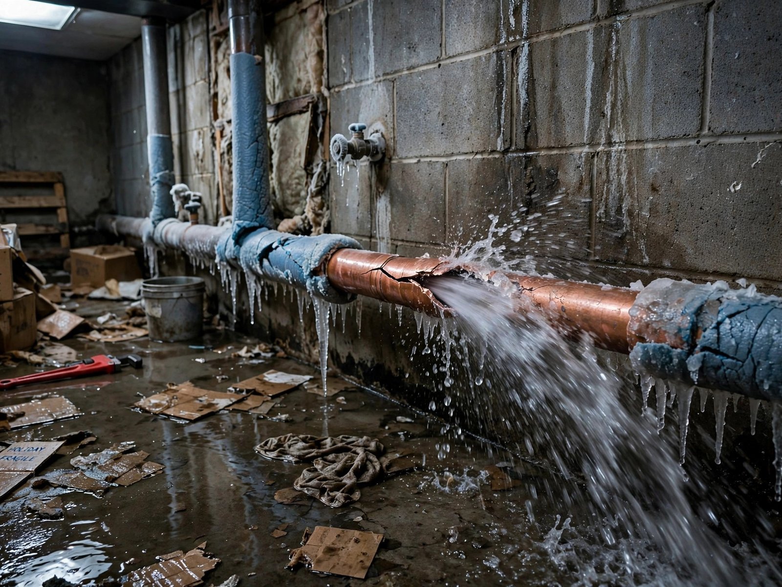 Burst water pipe spraying in a basement