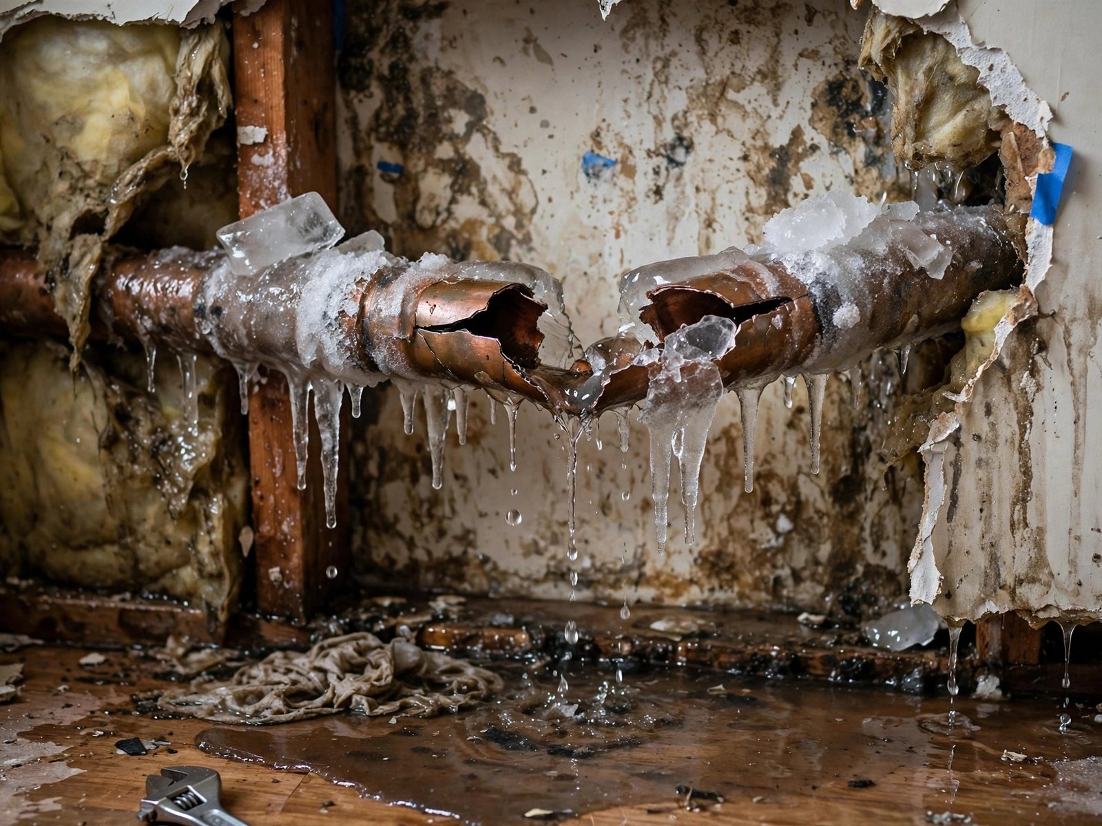 Frozen pipe split open inside a wall