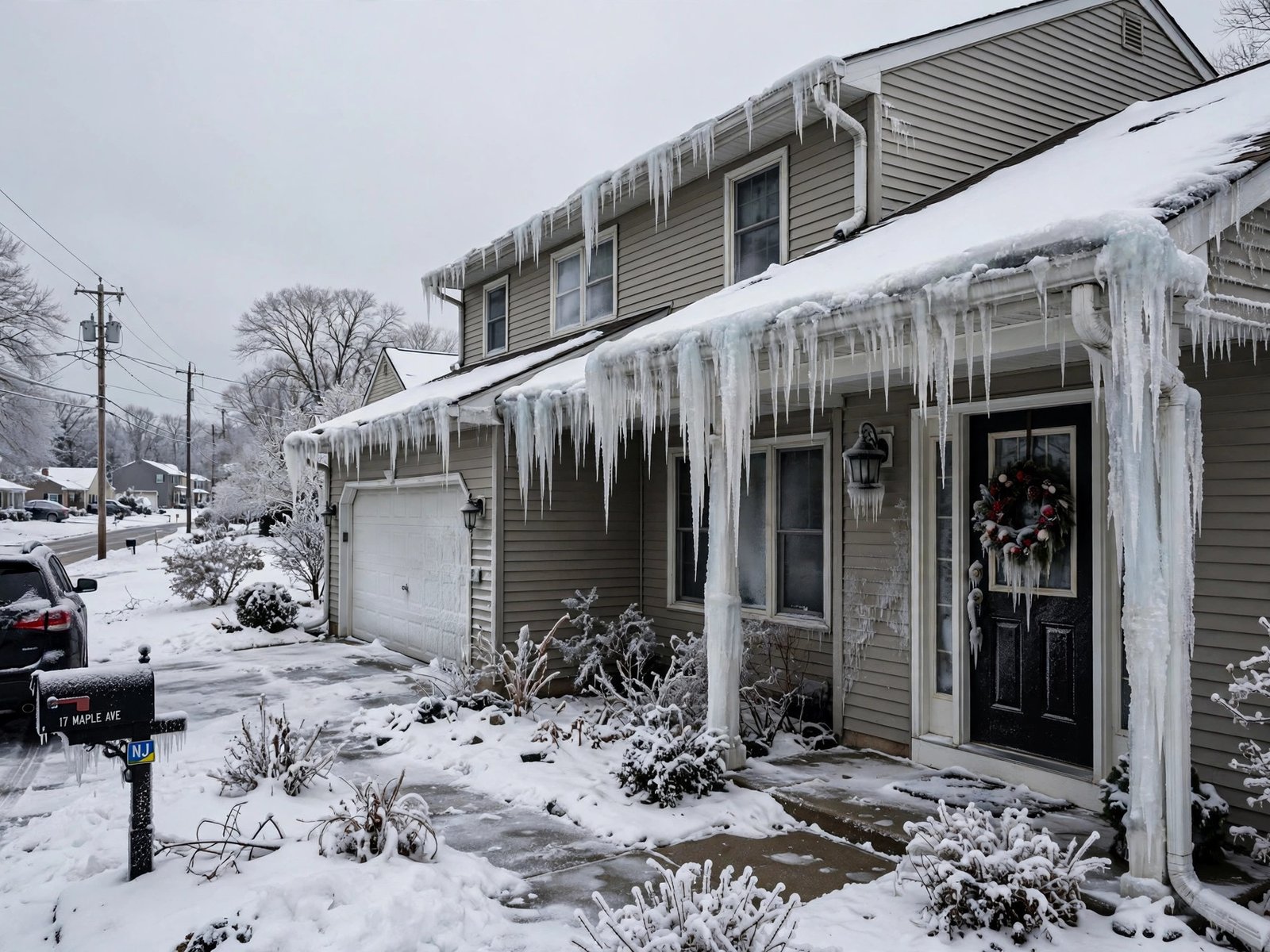 Frozen gutters and ice dams on a New Jersey home in winter
